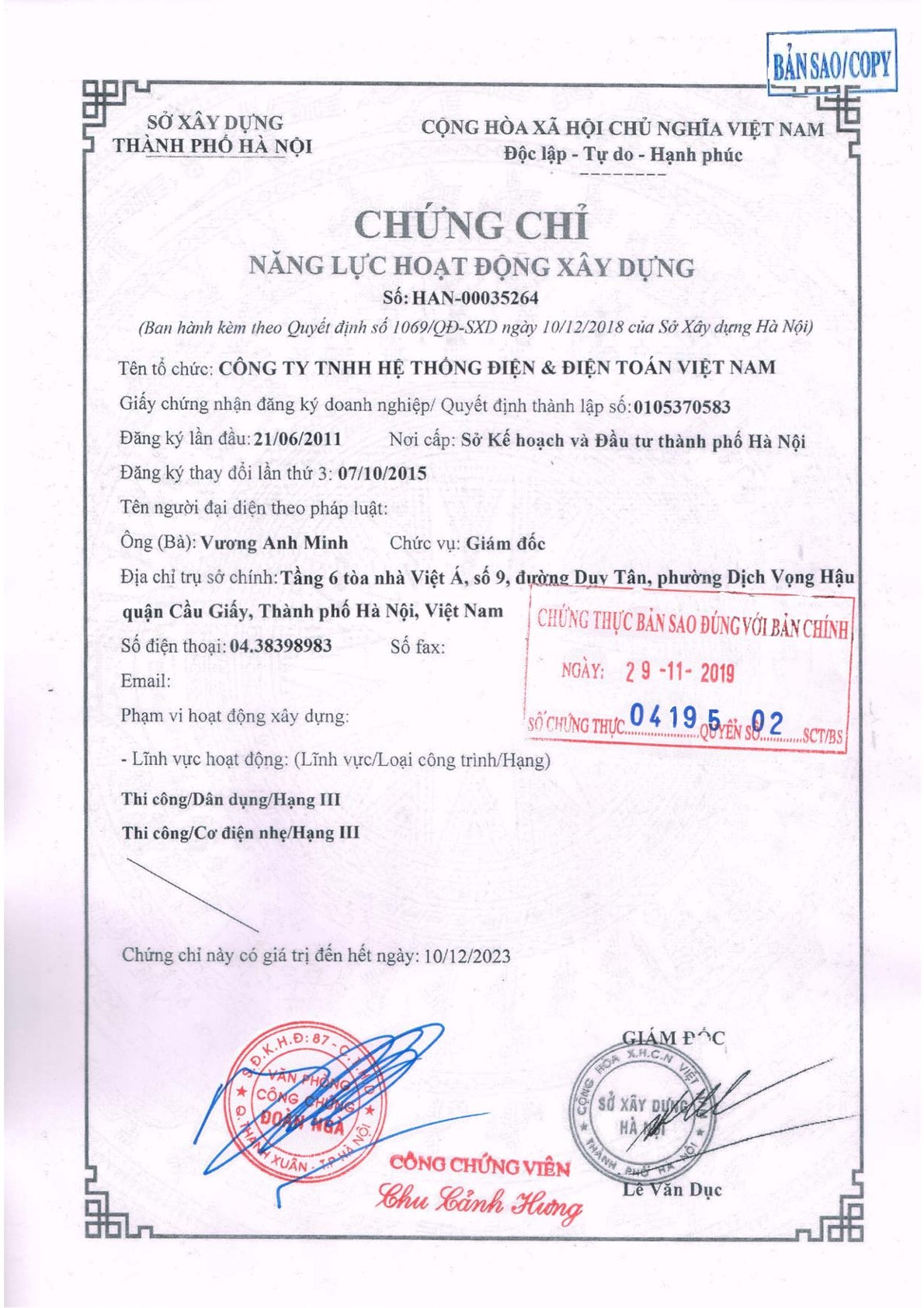 Chứng chỉ Năng lực xây dựng