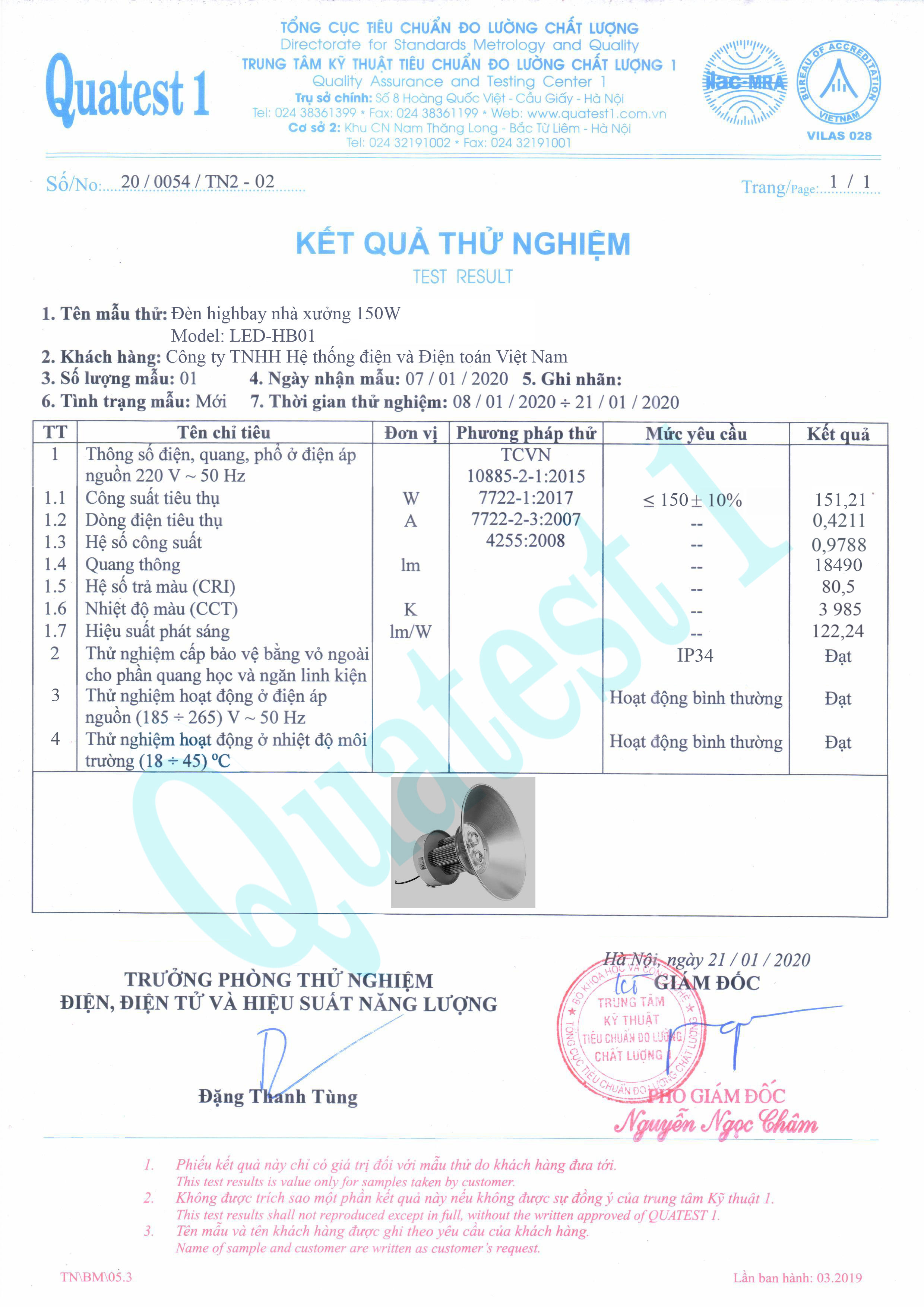KQ thí nghiệm chóa đèn
